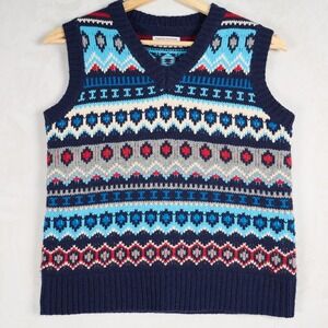 Frances Valentine Navy Blue Fair Isle Lambswool V-Neck Sweater Vest Womens Small